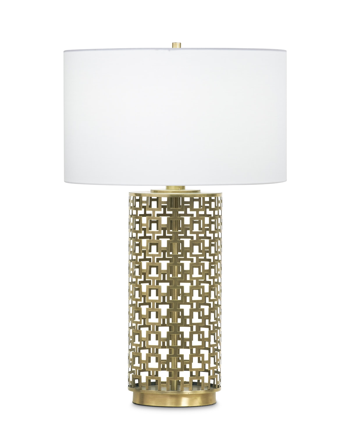 FlowDecor Aspen Table Lamp in metal with antique brass finish and off-white cotton drum shade (# 3643)