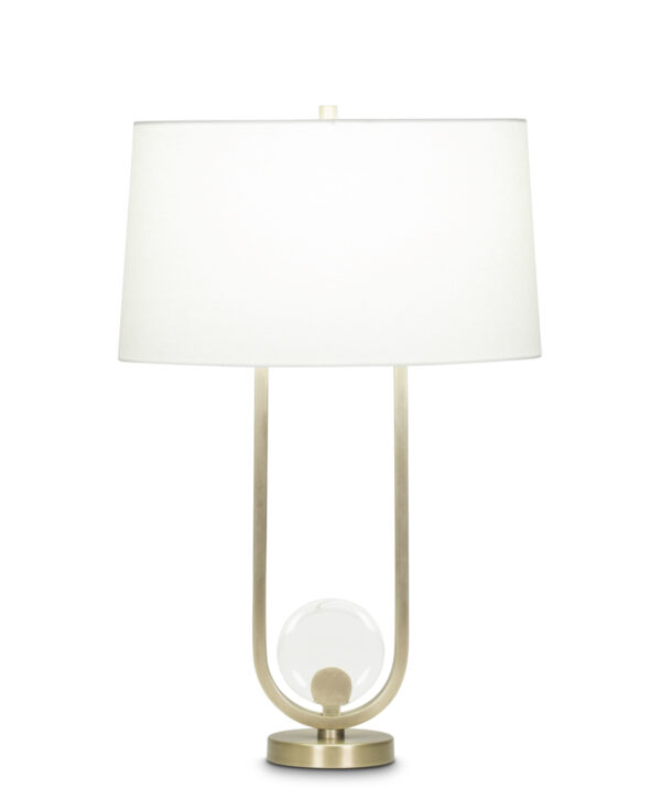 FlowDecor Atwood Table Lamp in metal with antique brass finish and crystal and off-white linen oval shade (# 4042)