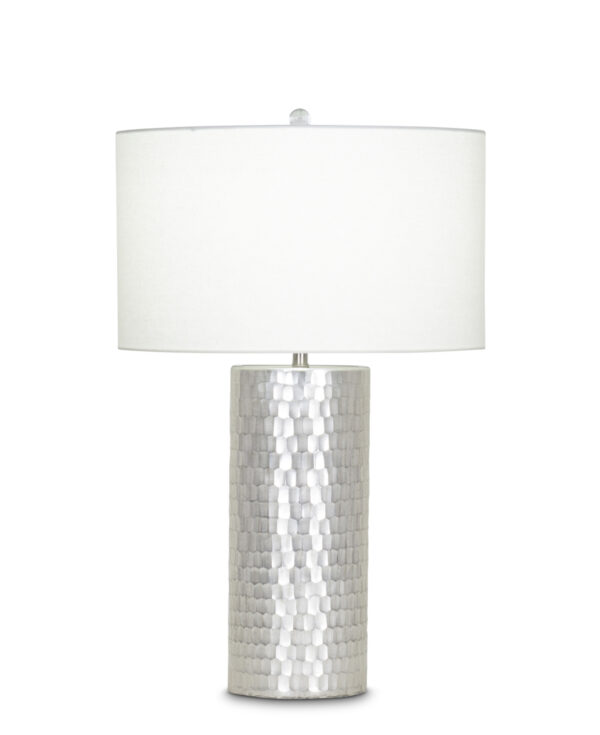 FlowDecor Avery Table Lamp in mouth-blown glass with champagne hand-etched finish and off-white linen drum shade (# 3956)