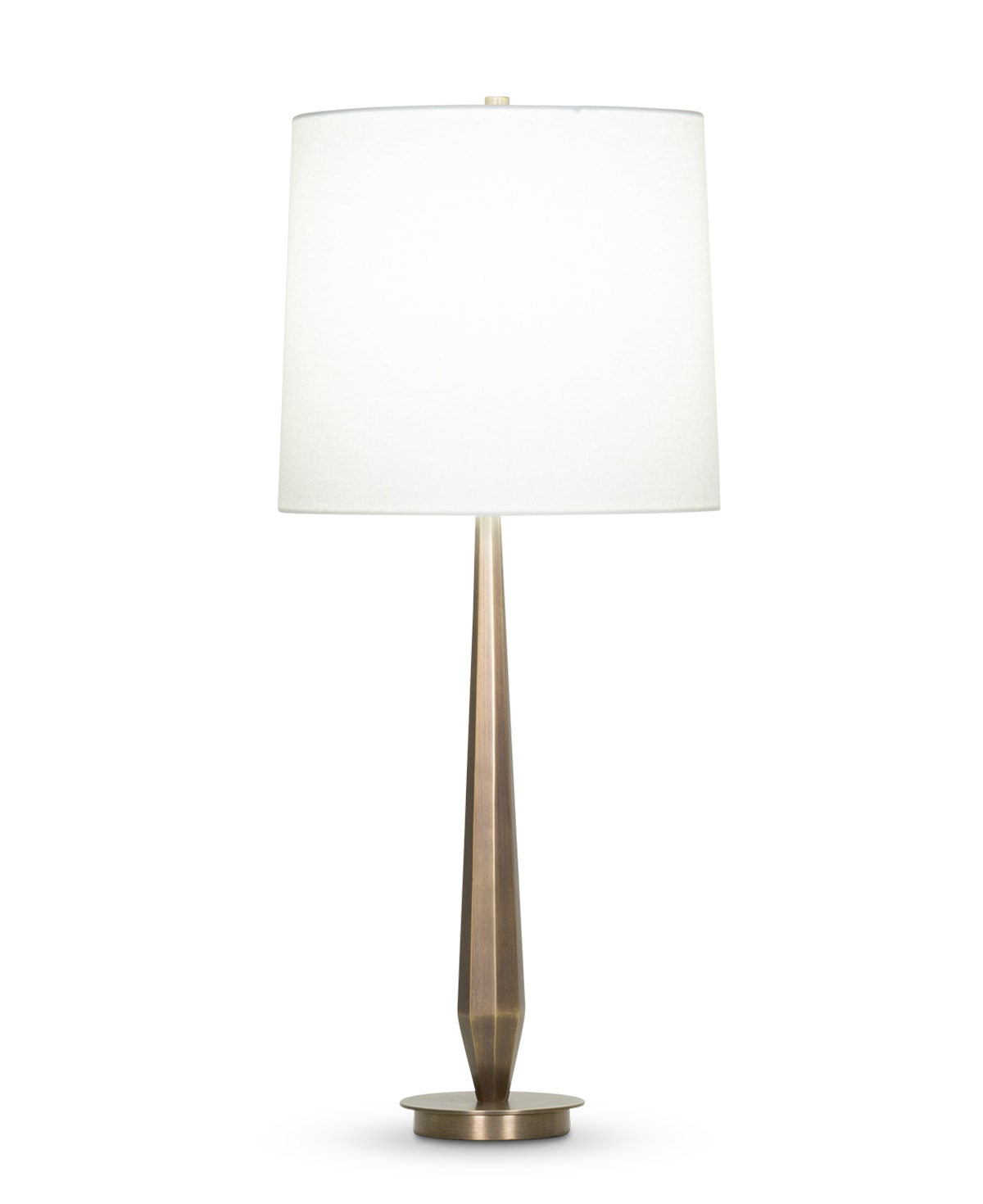 FlowDecor Baby Zoe Table Lamp in metal with antique brass finish and off-white linen tapered drum shade (# 4359)