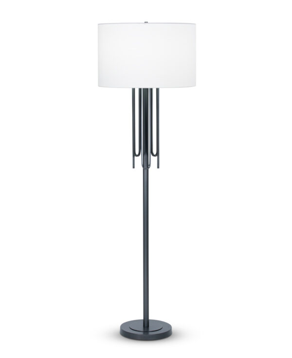FlowDecor Barclay Floor Lamp in metal with gunmetal finish and off-white cotton drum shade (# 4489)