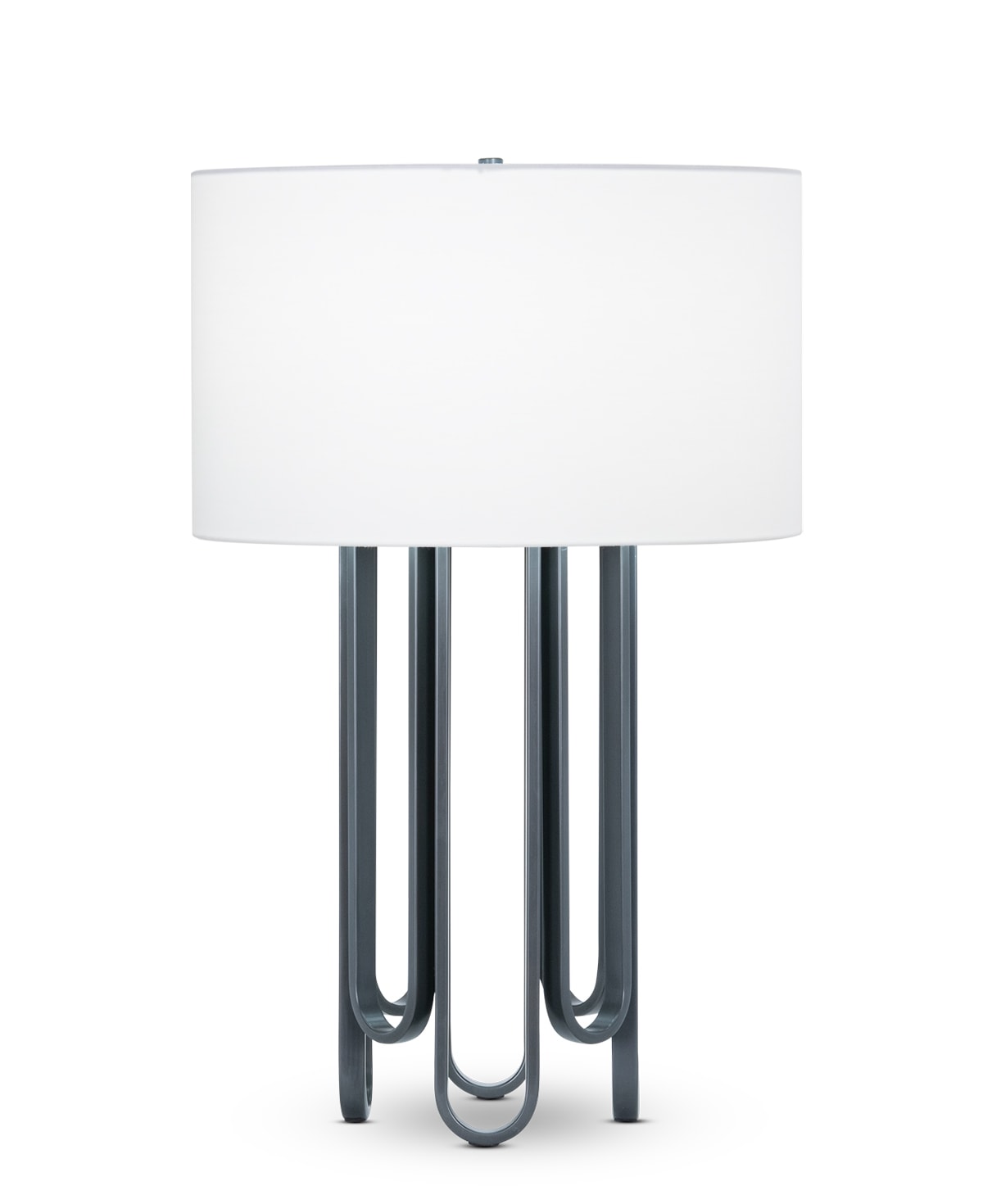 FlowDecor Barclay Table Lamp in metal with gunmetal finish and off-white cotton drum shade (# 4488)