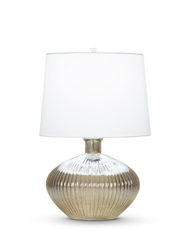 FlowDecor Belize Table Lamp in mouth-blown glass with taupe finish and off-white cotton tapered drum shade (# 4400)