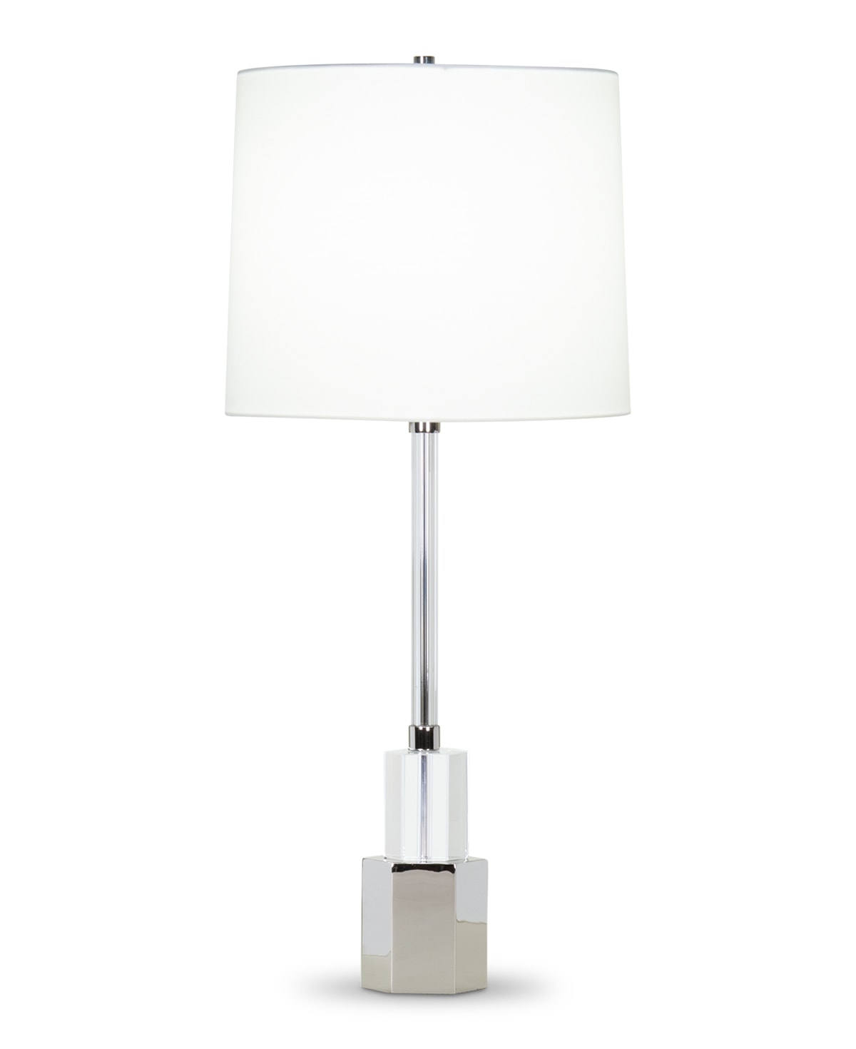FlowDecor Breton Table Lamp in crystal and metal with polished nickel finish and off-white cotton tapered drum shade (# 4409)