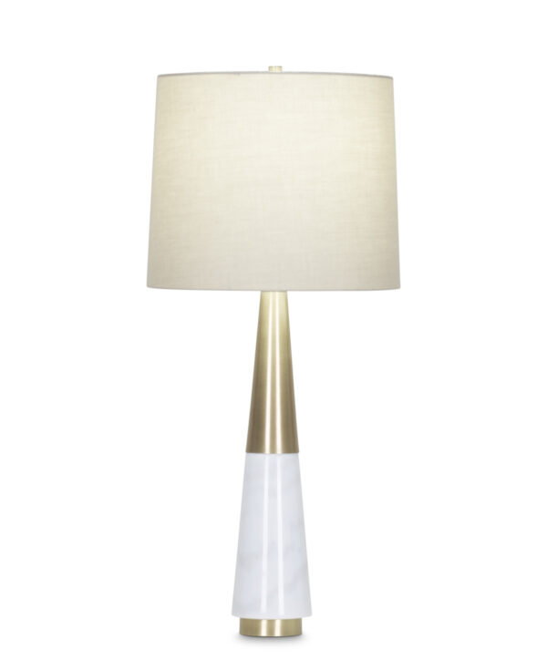 FlowDecor Brody Table Lamp in white marble and metal with antique brass finish and beige cotton tapered drum shade (# 3978)