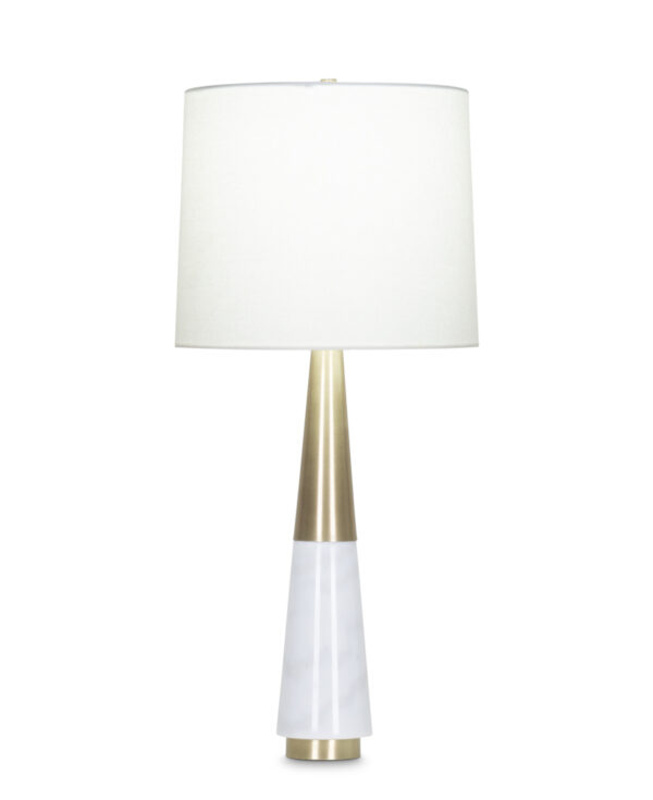 FlowDecor Brody Table Lamp in white marble and metal with antique brass finish and off-white linen tapered drum shade (# 3978)
