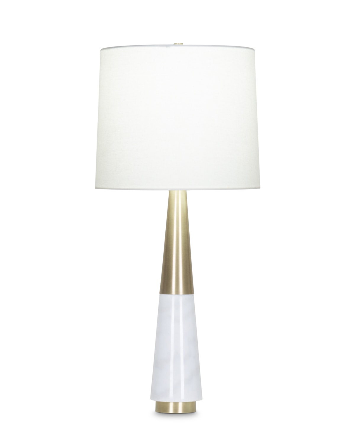 FlowDecor Brody Table Lamp in white marble and metal with antique brass finish and off-white linen tapered drum shade (# 3978)