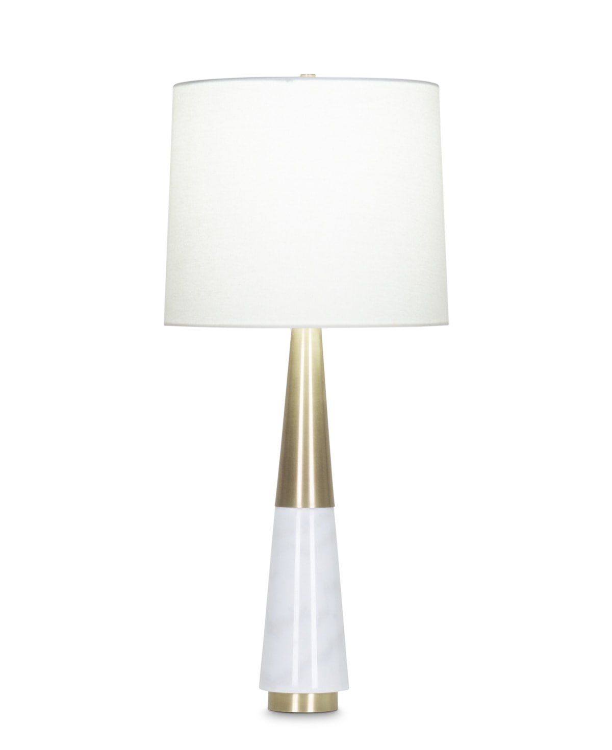 FlowDecor Brody Table Lamp in white marble and metal with antique brass finish and off-white linen tapered drum shade (# 3978)