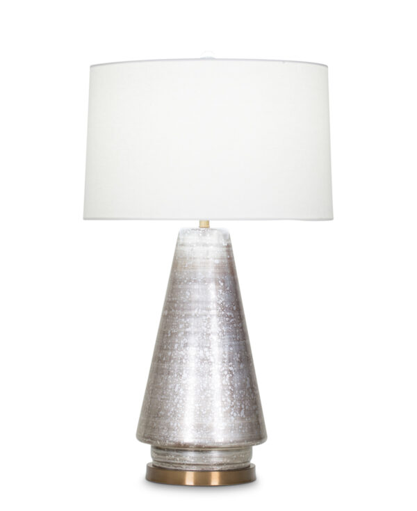 FlowDecor Bronte Table Lamp in mouth-blown glass with dark champagne metallic finish and off-white linen tapered drum shade (# 4033)