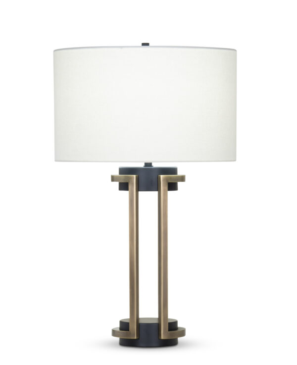 FlowDecor Carmel Table Lamp in metal with antique brass & black matte finishes and off-white linen drum shade (# 4410)