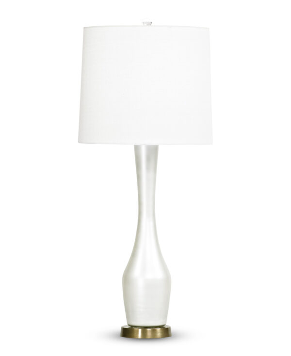 FlowDecor Carnation Table Lamp in mouth-blown glass with pearlescent cream finish and metal with antique brass finish and off-white linen tapered drum shade (# 3721)