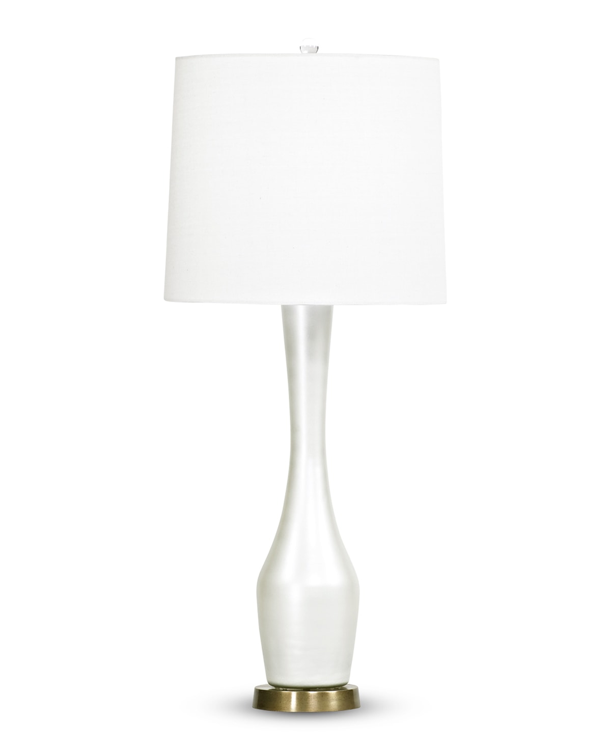 FlowDecor Carnation Table Lamp in mouth-blown glass with pearlescent cream finish and metal with antique brass finish and off-white linen tapered drum shade (# 3721)