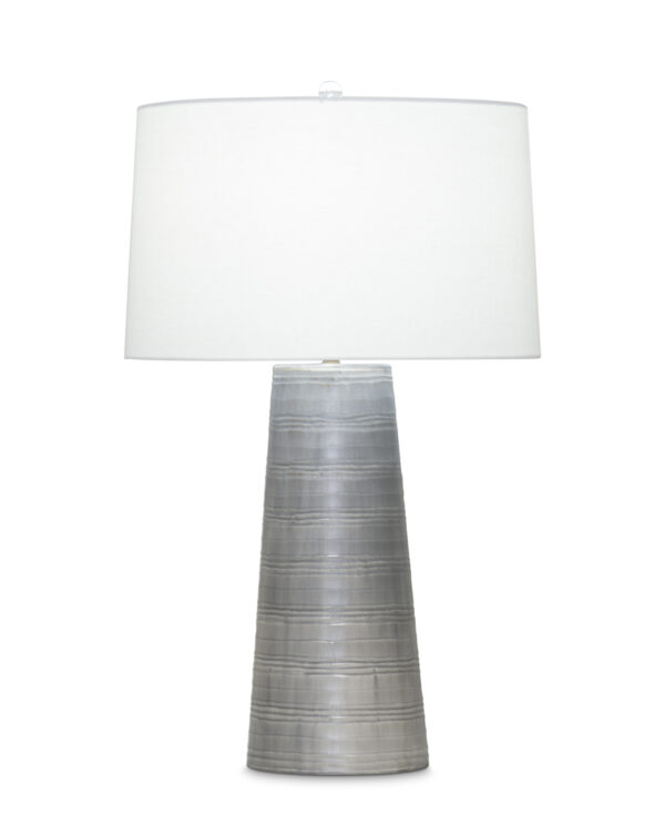 FlowDecor Charles Table Lamp in mouth-blown glass with grey carved finish and off-white linen tapered drum shade (# 3902)