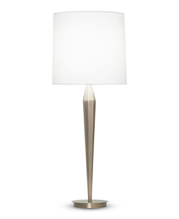 FlowDecor Chloe Table Lamp in metal with antique brass finish and off-white linen tapered drum shade (# 3920)