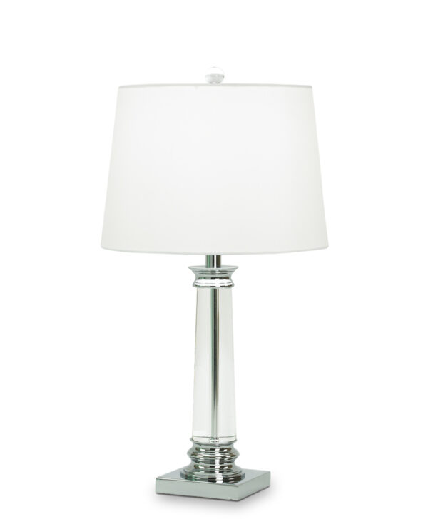 FlowDecor Coleford Table Lamp in crystal and metal with chrome finish and white linen tapered drum shade (# 3133)