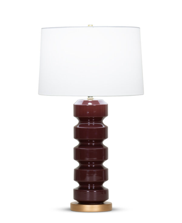 FlowDecor Cora Table Lamp in ceramic with burgundy finish and resin base with gold finish and off-white cotton tapered drum shade (# 4350)