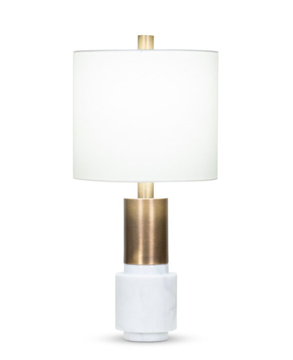 FlowDecor Cordelia Table Lamp in white marble and metal with antique brass finish and off-white linen drum shade (# 4016)
