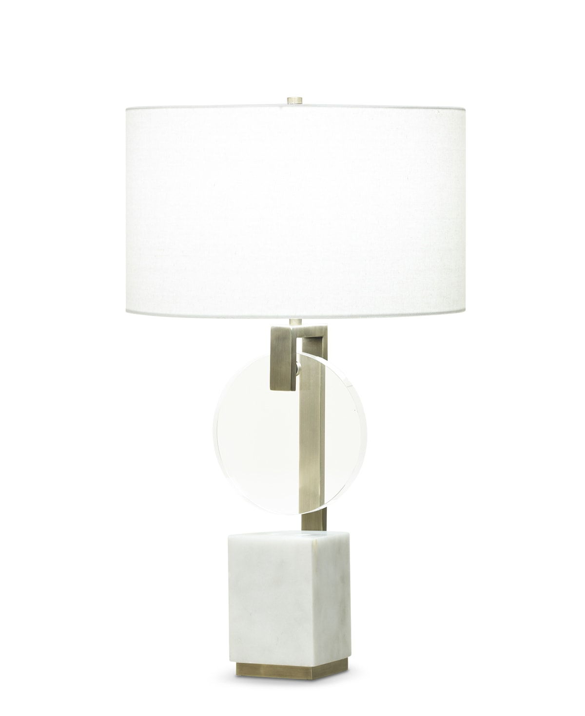 FlowDecor Davis Table Lamp in white marble and metal with antique brass finish and crystal and off-white linen drum shade (# 3758)