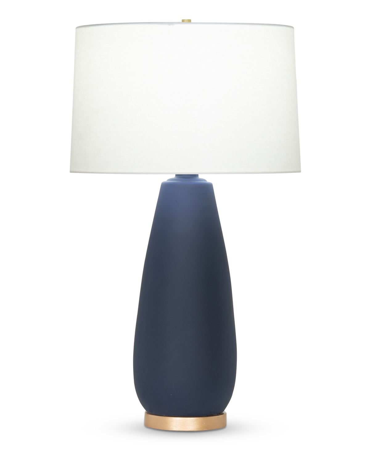 FlowDecor Duncan Table Lamp in ceramic with navy blue matte finish and resin base with gold finish and off-white linen tapered drum shade (# 4397)