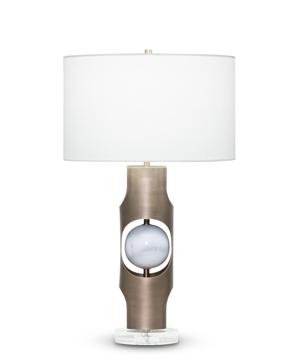FlowDecor Eleanor Table Lamp in metal with antique brass finish and white marble and crystal base and off-white linen drum shade (# 3943)
