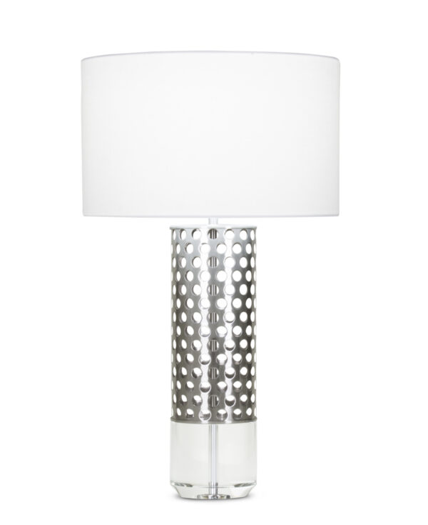 FlowDecor Elijah Table Lamp in metal with brushed nickel finish and crystal and white linen drum shade (# 4001)
