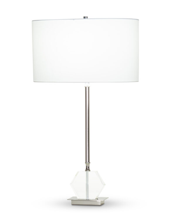 FlowDecor Ellen Table Lamp in crystal and metal with polished nickel finish and off-white cotton oval shade (# 4363)