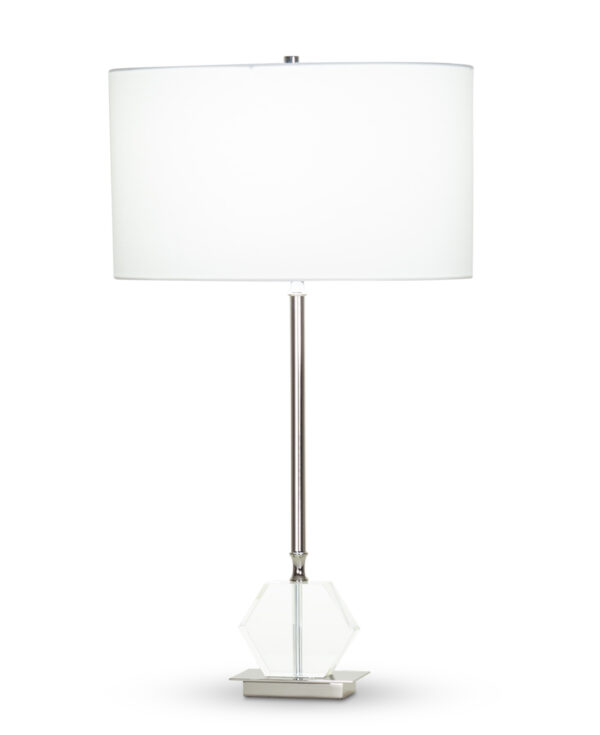 FlowDecor Ellen Table Lamp in crystal and metal with polished nickel finish and off-white cotton oval shade (# 4363)