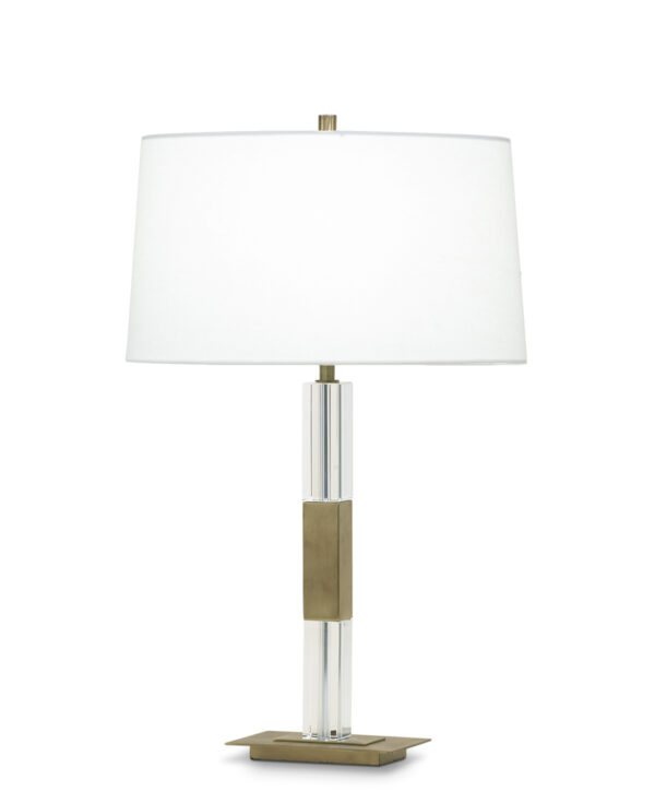 FlowDecor Elm Table Lamp in crystal and metal with antique brass finish and off-white linen oval shade (# 3637)