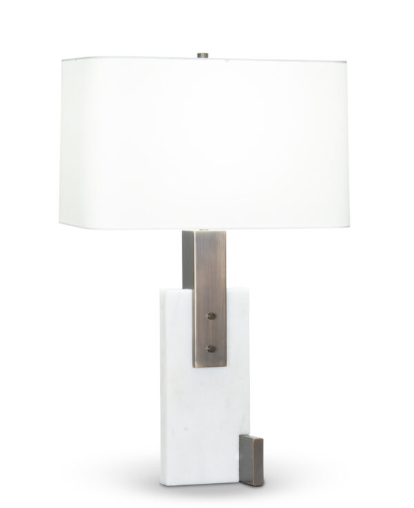 FlowDecor Fran Table Lamp in white marble and metal with bronze finish and off-white cotton rounded rectangle shade (# 4438)
