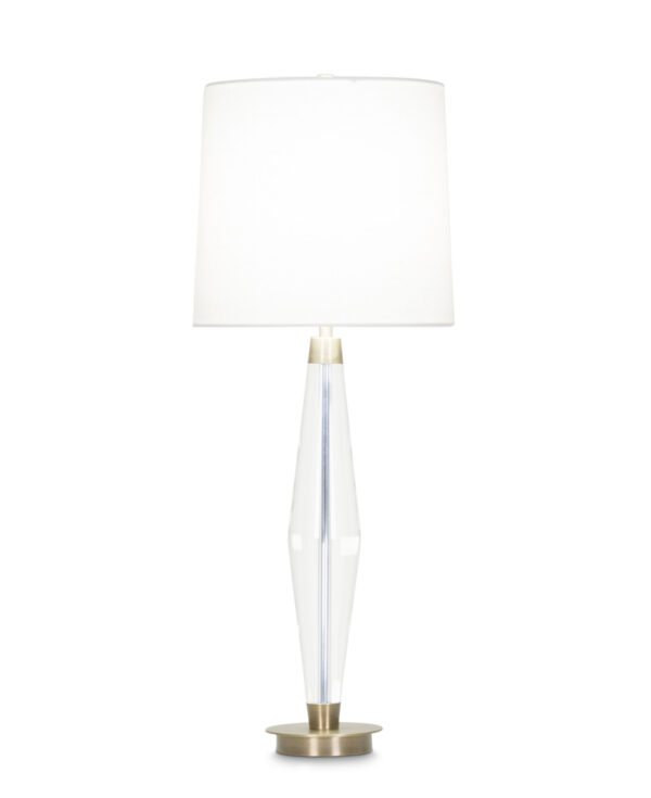 FlowDecor Francis Table Lamp in crystal and metal with antique brass finish and off-white linen tapered drum shade (# 3977)