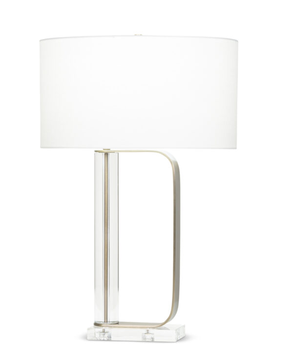 FlowDecor Gabby Table Lamp in crystal and metal with antique brass finish and off-white linen oval shade (# 4096)