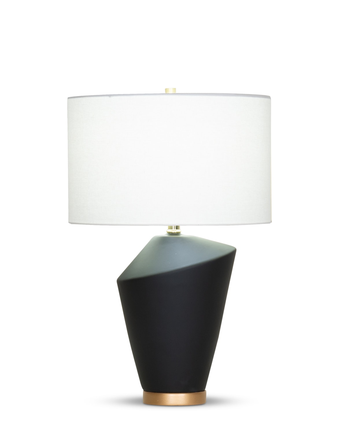 FlowDecor Gavin Table Lamp in ceramic with black matte finish and resin base with gold finish and off-white linen drum shade (# 4371)