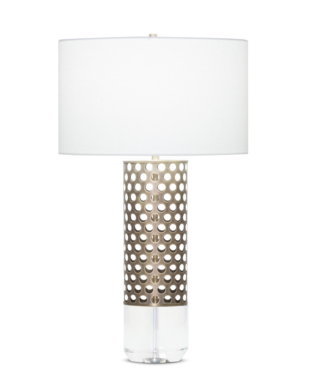 FlowDecor Grace Table Lamp in metal with antique brass finish and crystal and off-white linen drum shade (# 3925)