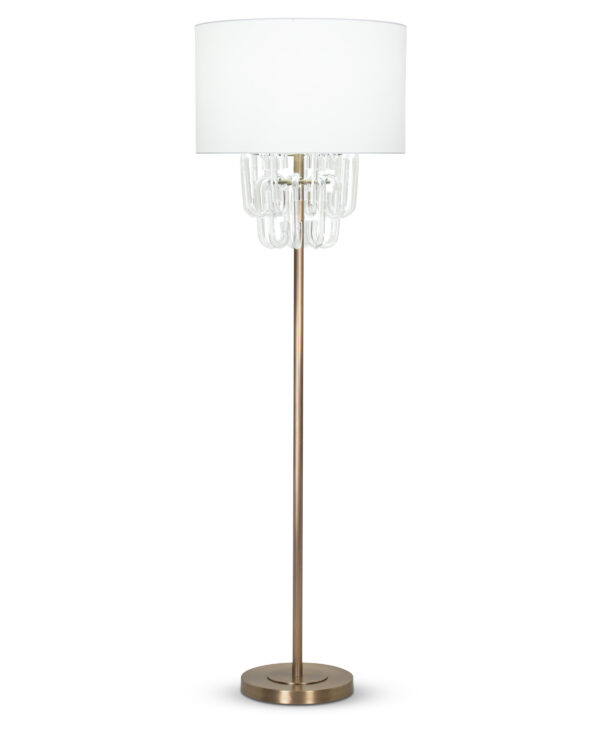 FlowDecor Grenada Floor Lamp in metal with antique brass finish and glass and off-white cotton drum shade (# 4411)