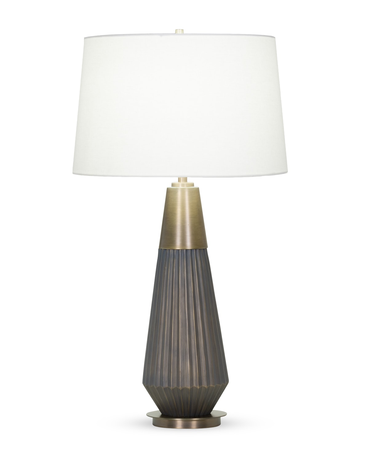 FlowDecor Helena Table Lamp in resin with bronze with brass highlights and metal with antique brass finish and off-white linen tapered drum shade (# 4404)