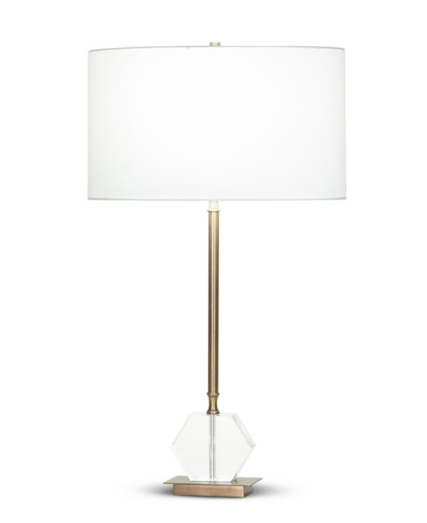 FlowDecor Henrietta Table Lamp in crystal and metal with antique brass finish and off-white cotton oval shade (# 4364)