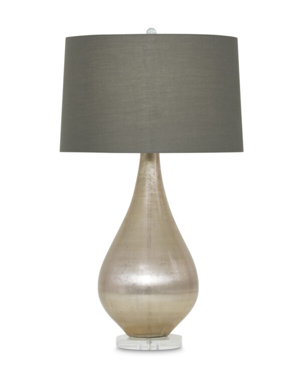 FlowDecor Holland Table Lamp in mouth-blown glass with beige metallic finish and acrylic base and taupe cotton tapered drum shade (# 3905)