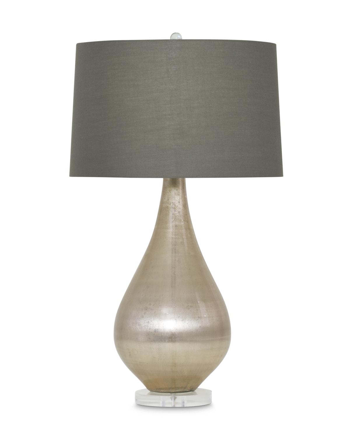 FlowDecor Holland Table Lamp in mouth-blown glass with beige metallic finish and acrylic base and taupe cotton tapered drum shade (# 3905)