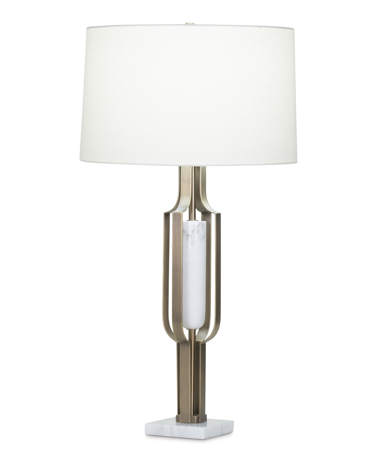 FlowDecor Homer Table Lamp in white marble and metal with antique brass finish and off-white linen tapered drum shade (# 4043)
