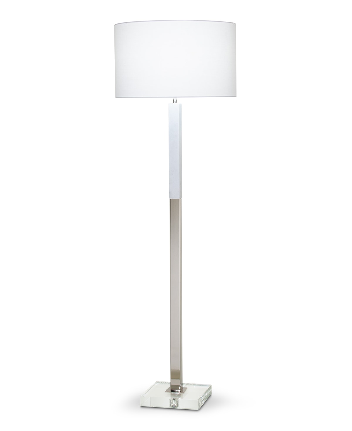 FlowDecor Howard Floor Lamp in white marble and metal with polished nickel finish and crystal and white linen drum shade (# 4355)