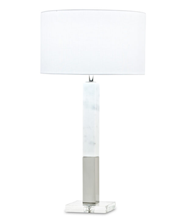 FlowDecor Howard Table Lamp in white marble and metal with polished nickel finish and crystal base and white linen drum shade (# 3823)