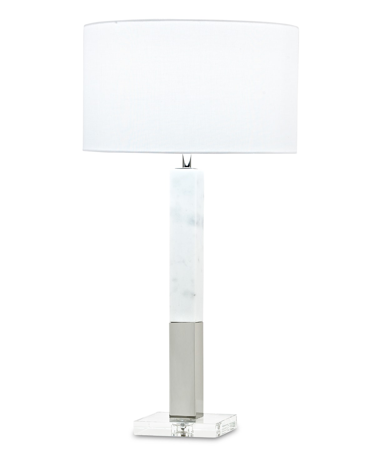 FlowDecor Howard Table Lamp in white marble and metal with polished nickel finish and crystal base and white linen drum shade (# 3823)