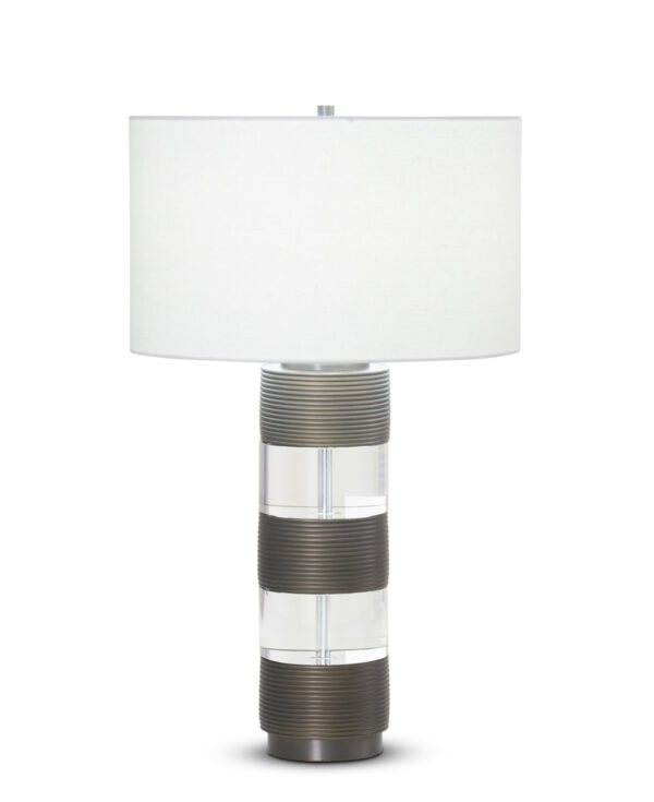 FlowDecor Hunter Table Lamp in resin with bronze finish and finely ribbed surface and crystal and off-white linen drum shade (# 3887)