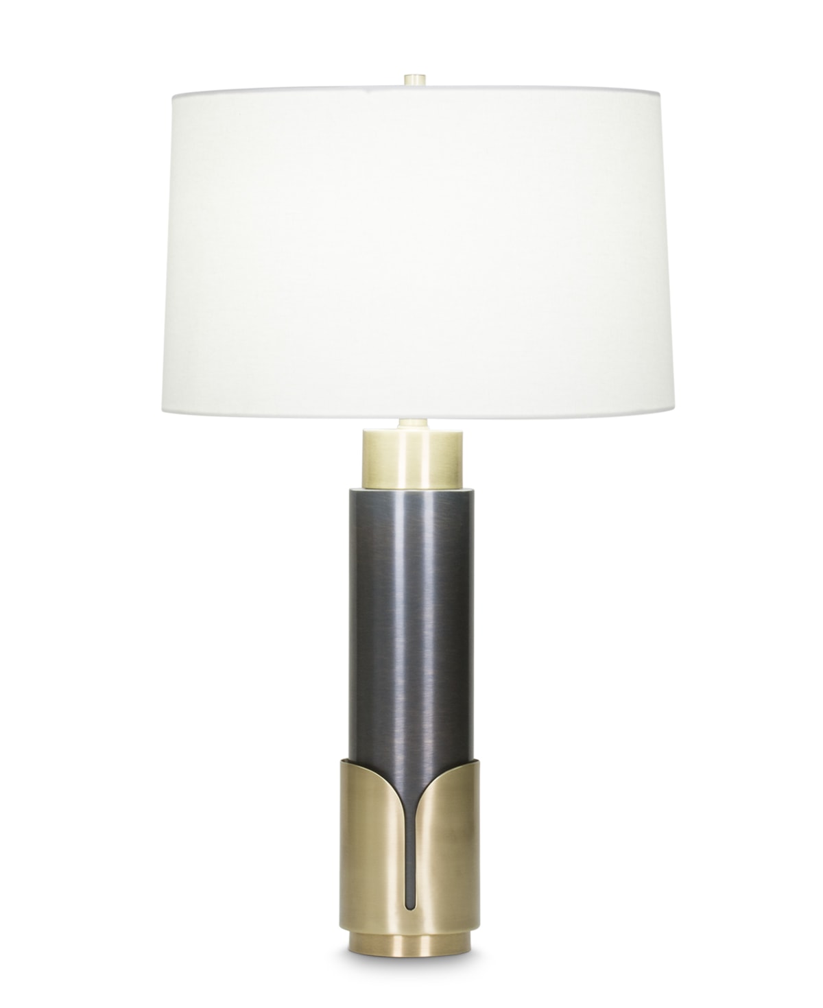 FlowDecor Huxley Table Lamp in metal with antique brass & bronze finishes and off-white linen tapered drum shade (# 4050)
