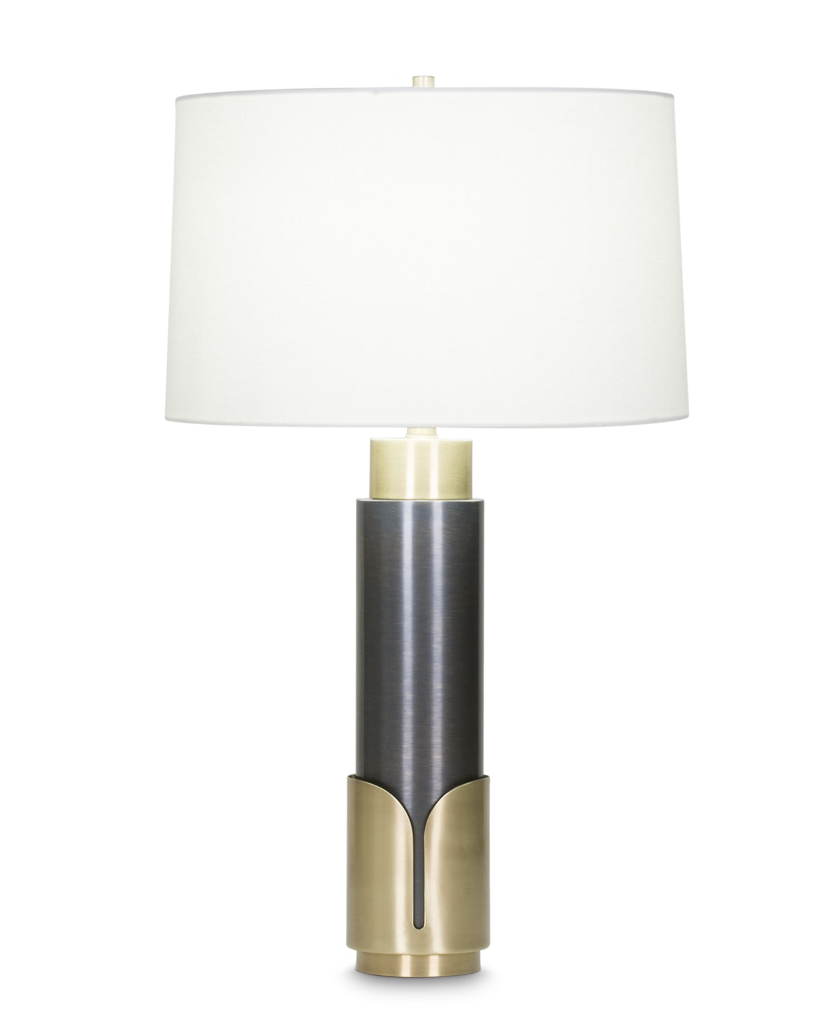 huxley-brass-bronze-table-lamp-main-4050-OWL FlowDecor Huxley Table Lamp in metal with antique brass & bronze finishes and off-white linen tapered drum shade (# 4050)