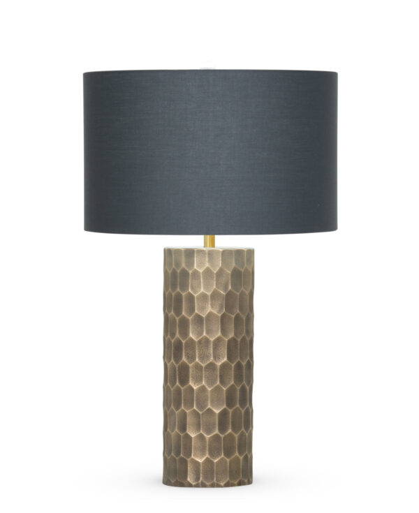 FlowDecor Ireland Table Lamp in mouth-blown glass with dark hand-etched brass plated finish and charcoal grey cotton drum shade (# 4402)
