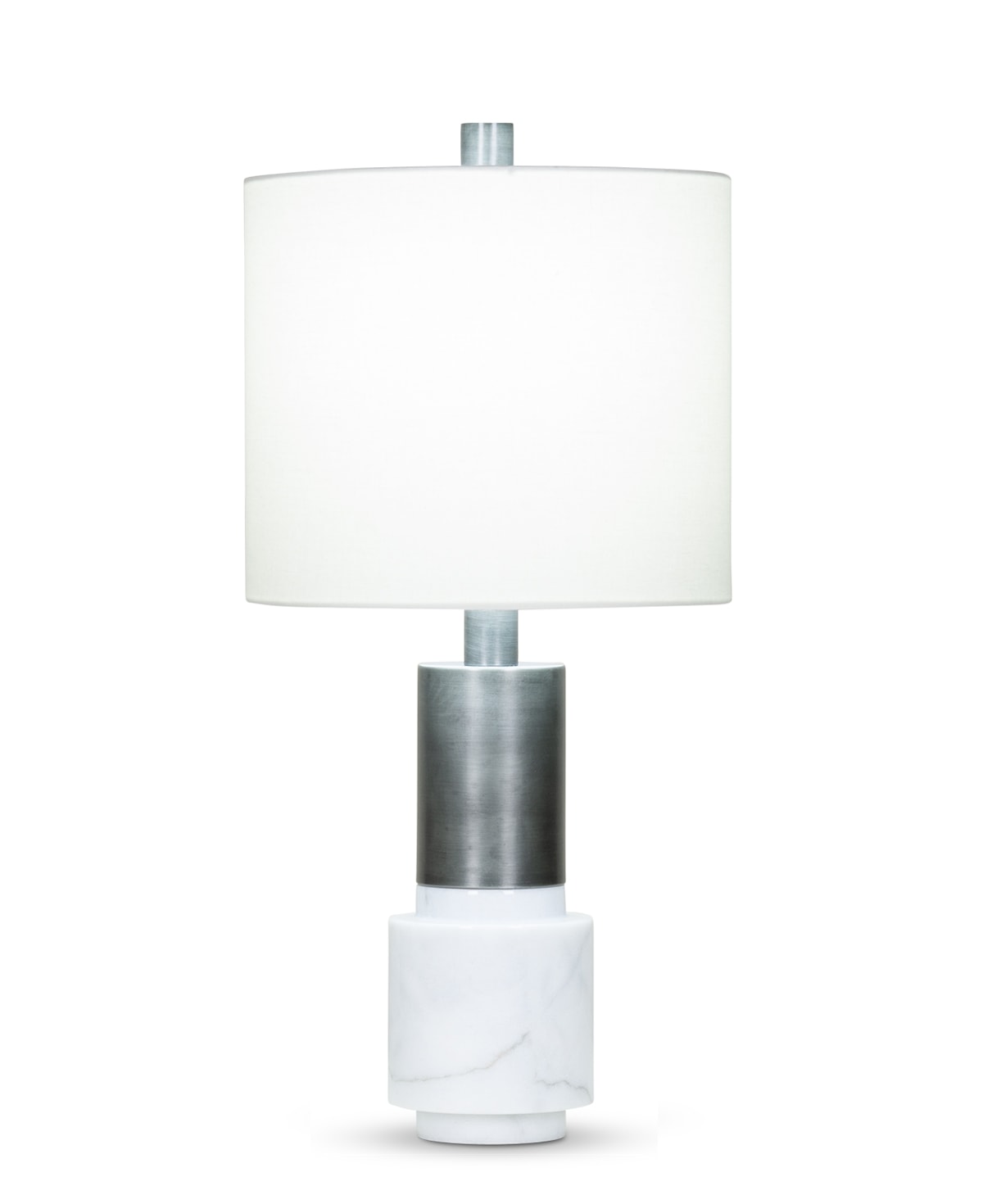 FlowDecor Java Table Lamp in white marble and metal with antique black finish and off-white linen drum shade (# 4077)