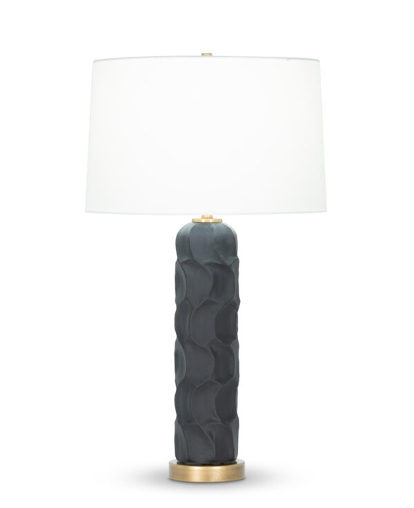 FlowDecor Jessa Table Lamp in mouth-blown glass with black matte finish and metal with antique brass finish and off-white cotton tapered drum shade (# 4433)