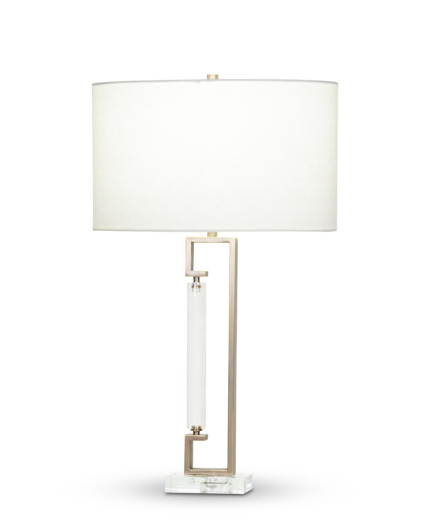 FlowDecor Juliette Table Lamp in crystal and metal with antique brass finish and off-white linen oval shade (# 4357)