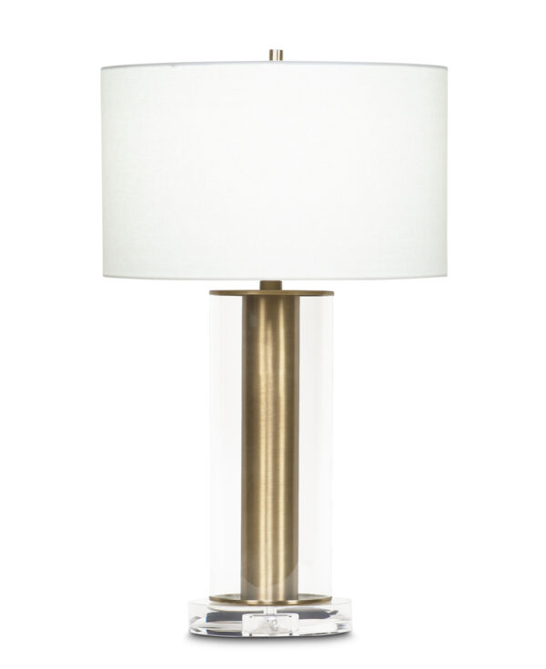 FlowDecor Latour Table Lamp in metal with antique brass finish and glass and crystal and off-white linen drum shade (# 3676)